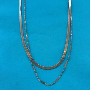 Double Layered  Chain Necklace Herringbone Vintage Gold Tone. 18”.